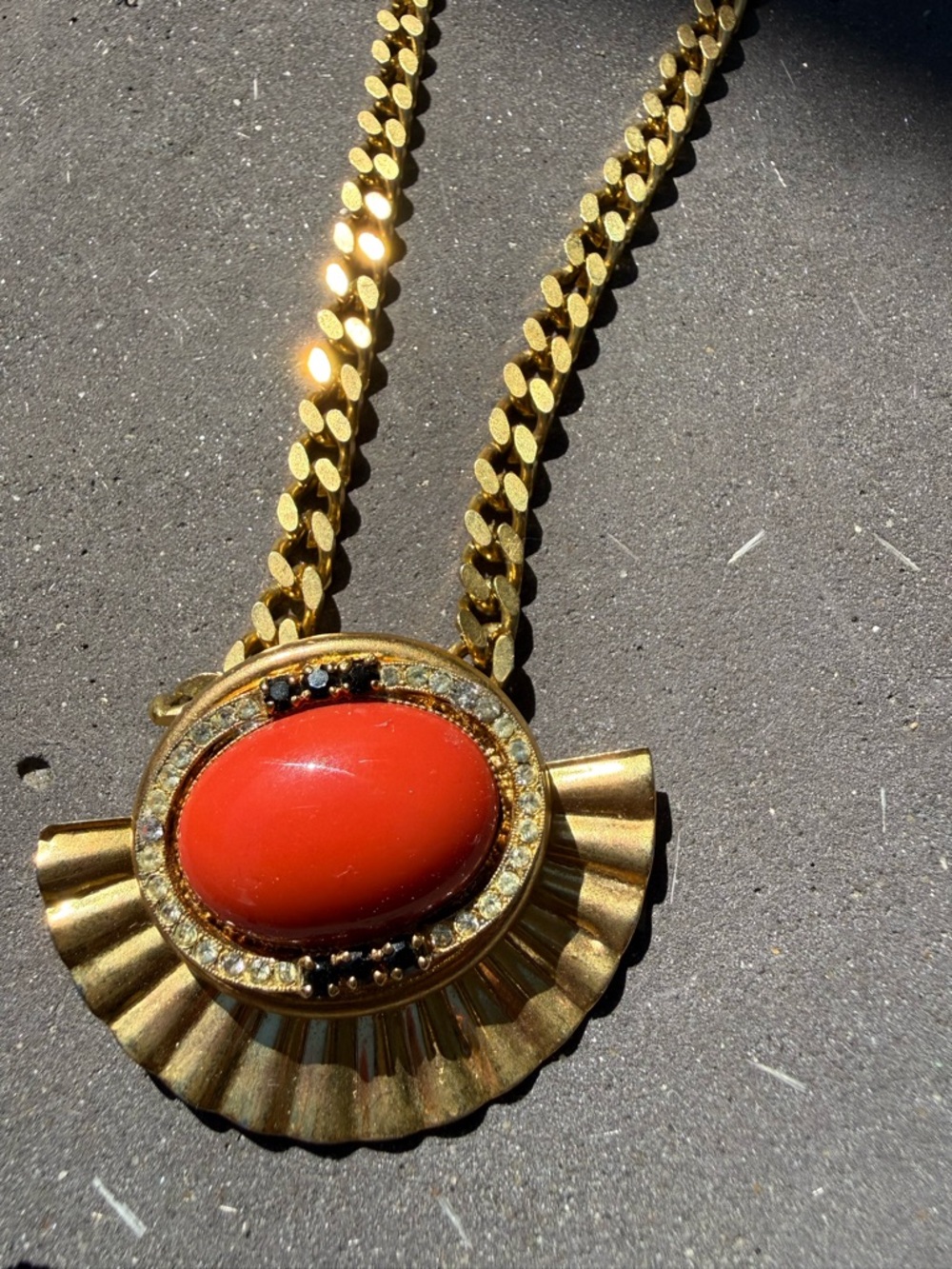 Vintage Egyptian Revival Gold-Tone Necklace with Coral Cabochon Pendant